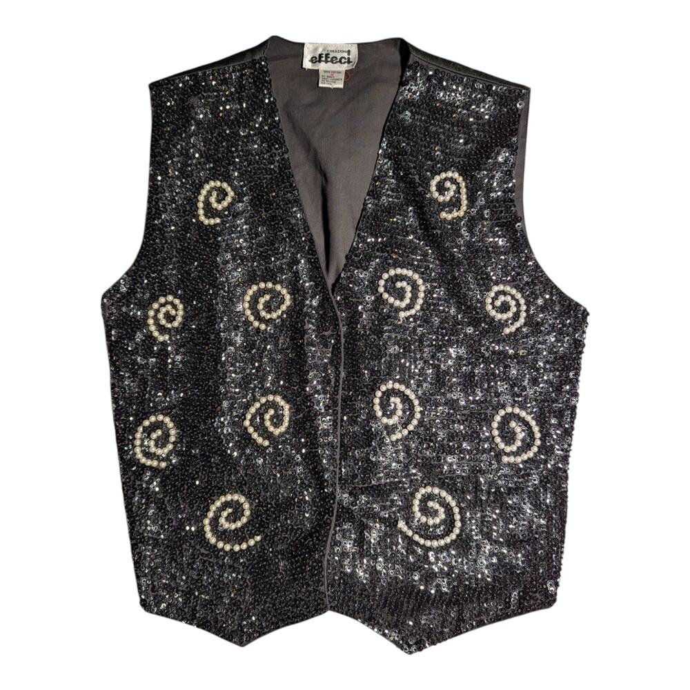 Vtg 1990s Creazioni Effeci Black Sequin Pearl Swirl Embellished Vest Sz M